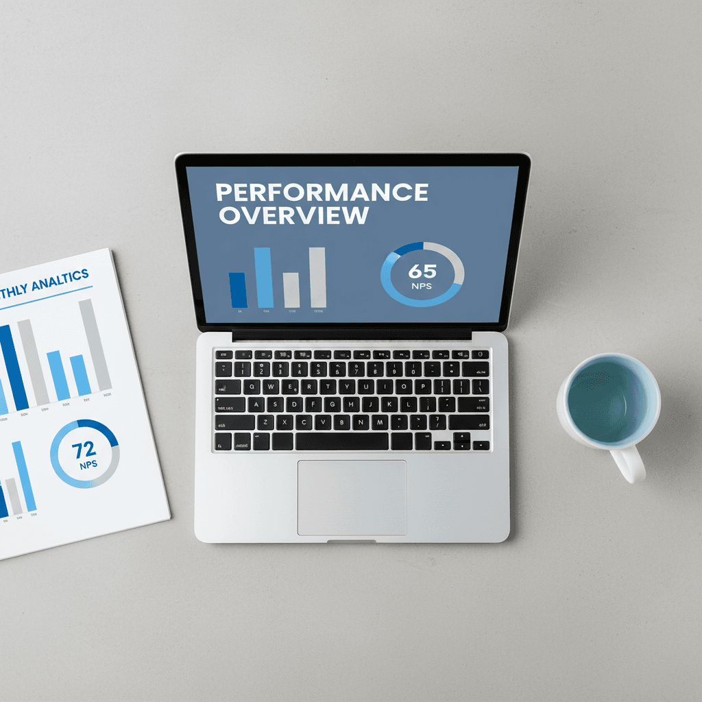 Analytics report and laptop with NPS data