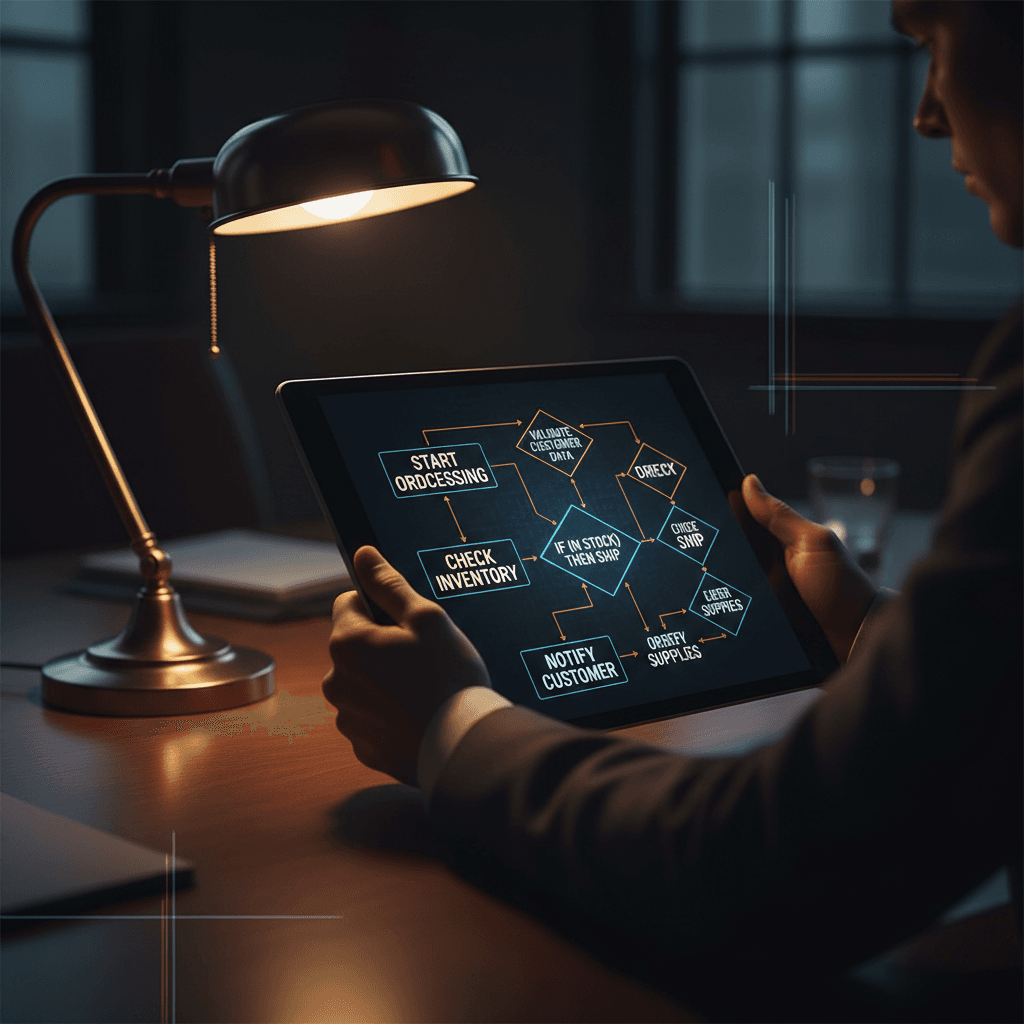 Tablet showing automated workflow diagram
