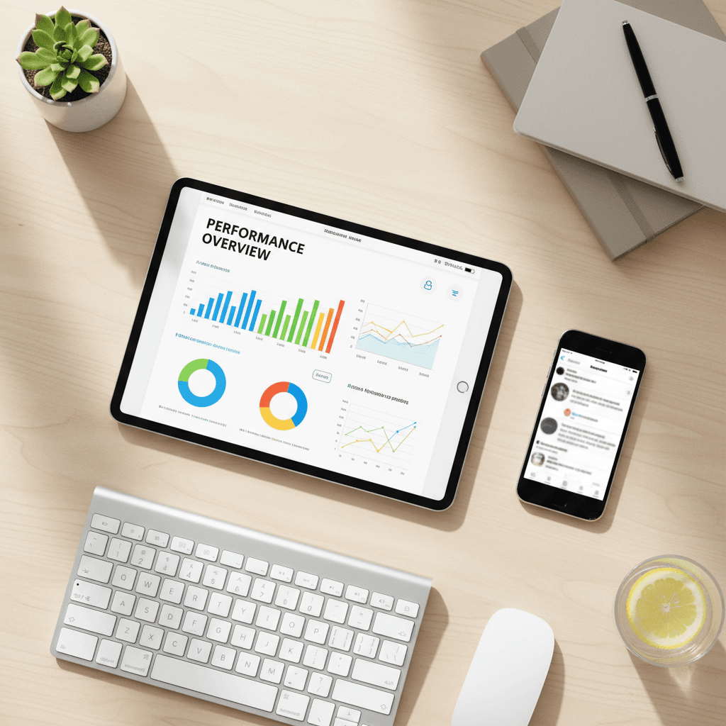 Analytics dashboard on tablet showing key metrics